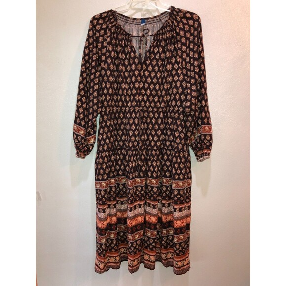 Old Navy Women Large Brown Floral Waist Defined Tiered Midi Peasant Dress Size L - Picture 3 of 8
